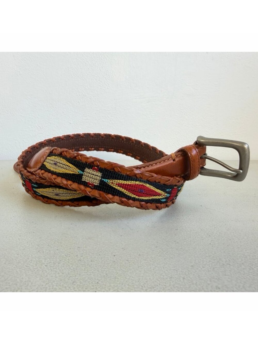 Vintage Mens Southwest Woven Leather & Nylon Belt Size 34 Woolrich Brass Buckle